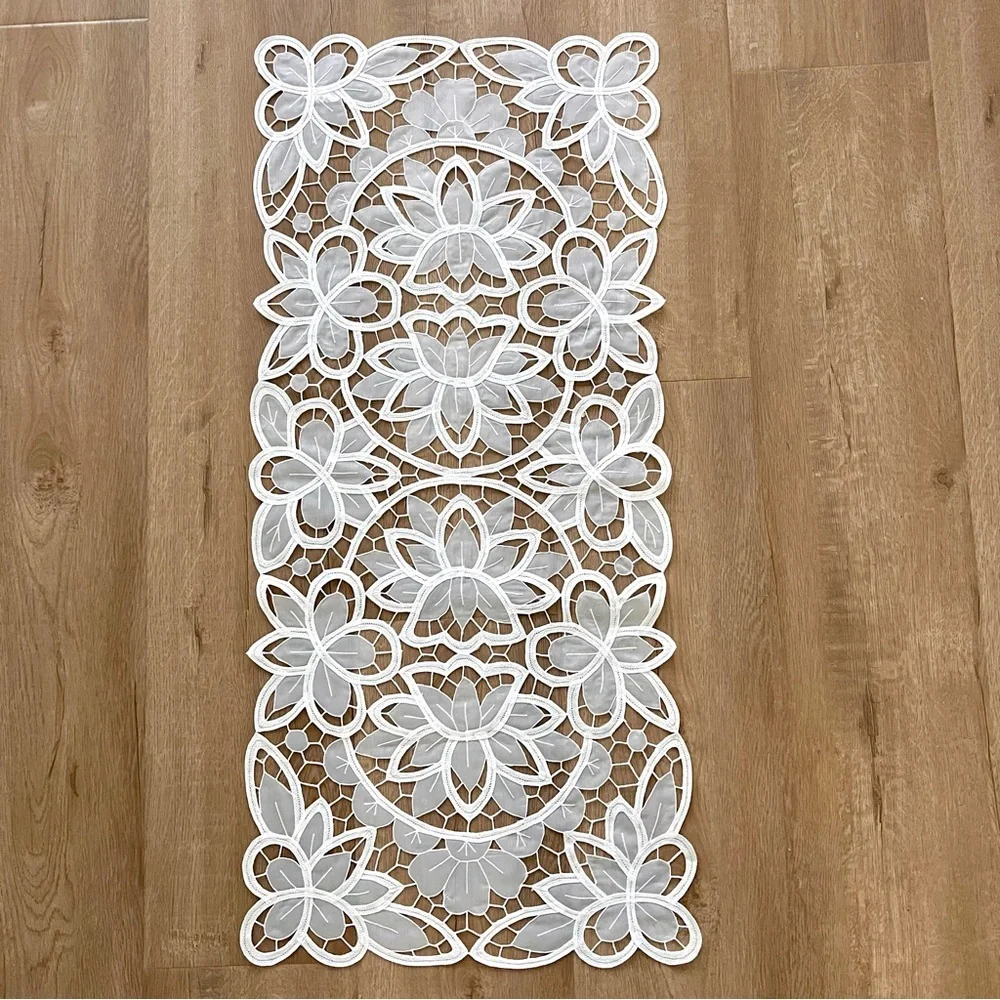White Cutout Cotton‎ Floral Design Dresser Table Runner Tablecloth 36” X 16”